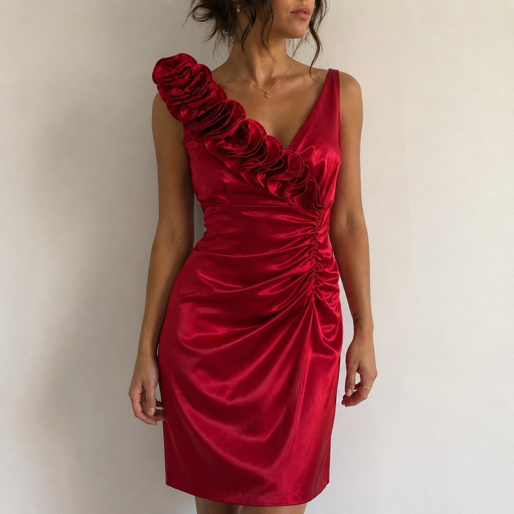 Betsy & Adam Red Satin Ruffle Sheath Dress 14 Formal Cocktail Wedding Guest Glam
